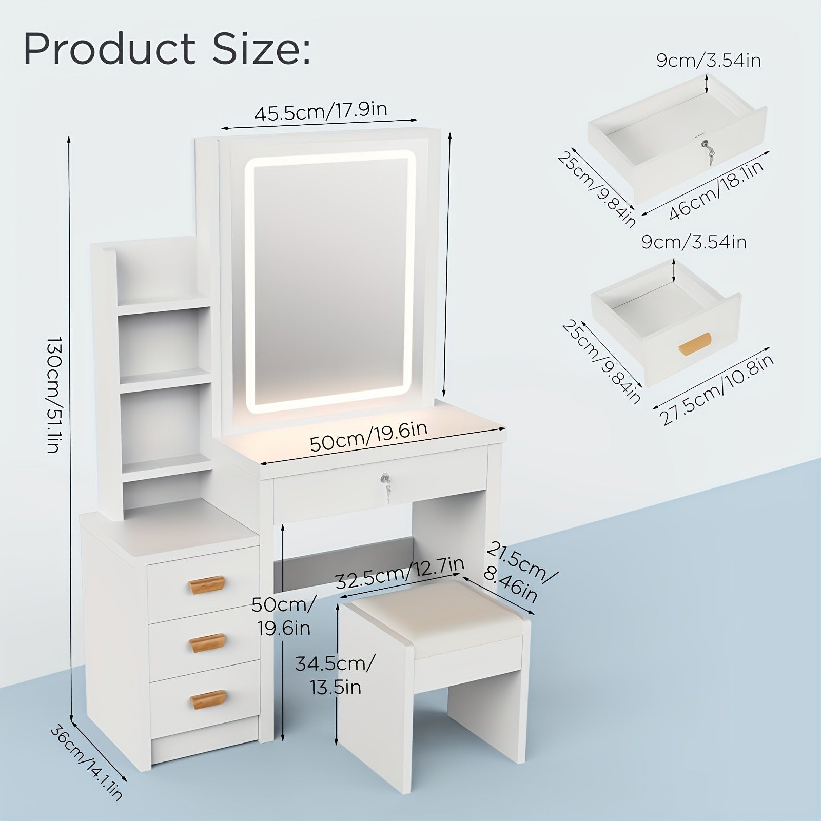 Tocador de Maquillaje con Espejo y Luces, Mesa de Tocador Blanca con 4 Cajones, Espejo Deslizante y Estantes de Almacenamiento, 3 Modos de Iluminación con Brillo Ajustable, Tocador y Silla con Herramientas