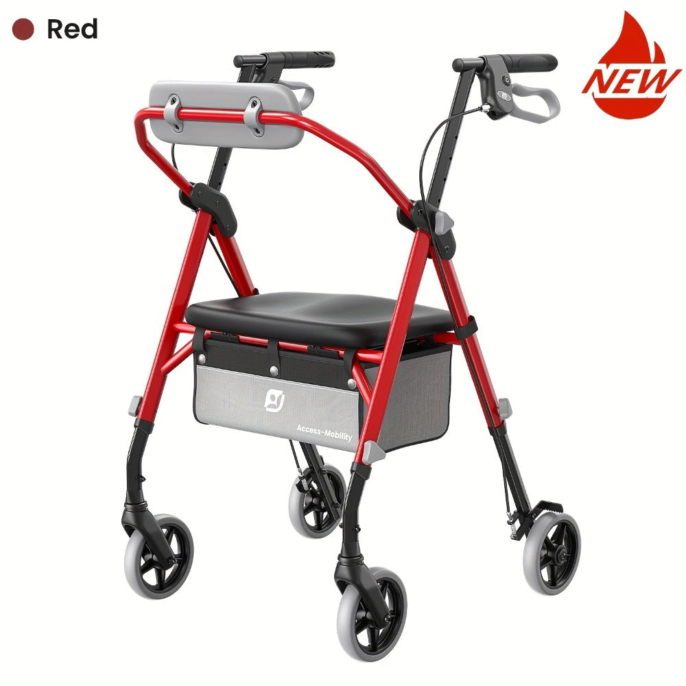 Andador Rollator Plegable para Adultos Mayores, Ayuda de Movilidad Ligera de Aluminio, Ruedas Univer Todoterreno de 20.32cm, Altura Dual Ajustable, Asiento y Respaldo Acolchado Ergonómico de PU, Capacidad de Peso de 136.08 KG