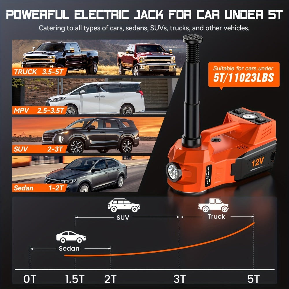 Gato hidráulico de alta resistencia 12V 5T con bomba de inflado de neumáticos y luz LED | Sistema de elevación automotriz (15.5-45Cm de elevación) para cambio de neumáticos de coche, SUV, camión | Herramienta de reparación de garaje