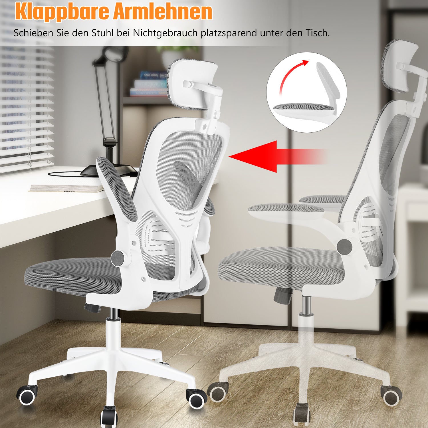 Silla de Oficina con Función de Inclinación de 105°, Silla de Oficina Ergonómica con Soporte Lumbar, Reposacabezas y Reposabrazos Ajustable, Silla Giratoria, Silla de Oficina de Altura Ajustable 120Kg, Blanca