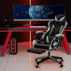 Silla de oficina ergonómica diseñada para gaming, con reposapiés, respaldo alto, giro ajustable y soporte lumbar, hecha de cuero PU en estilo racing para entusiastas de los E-Sports