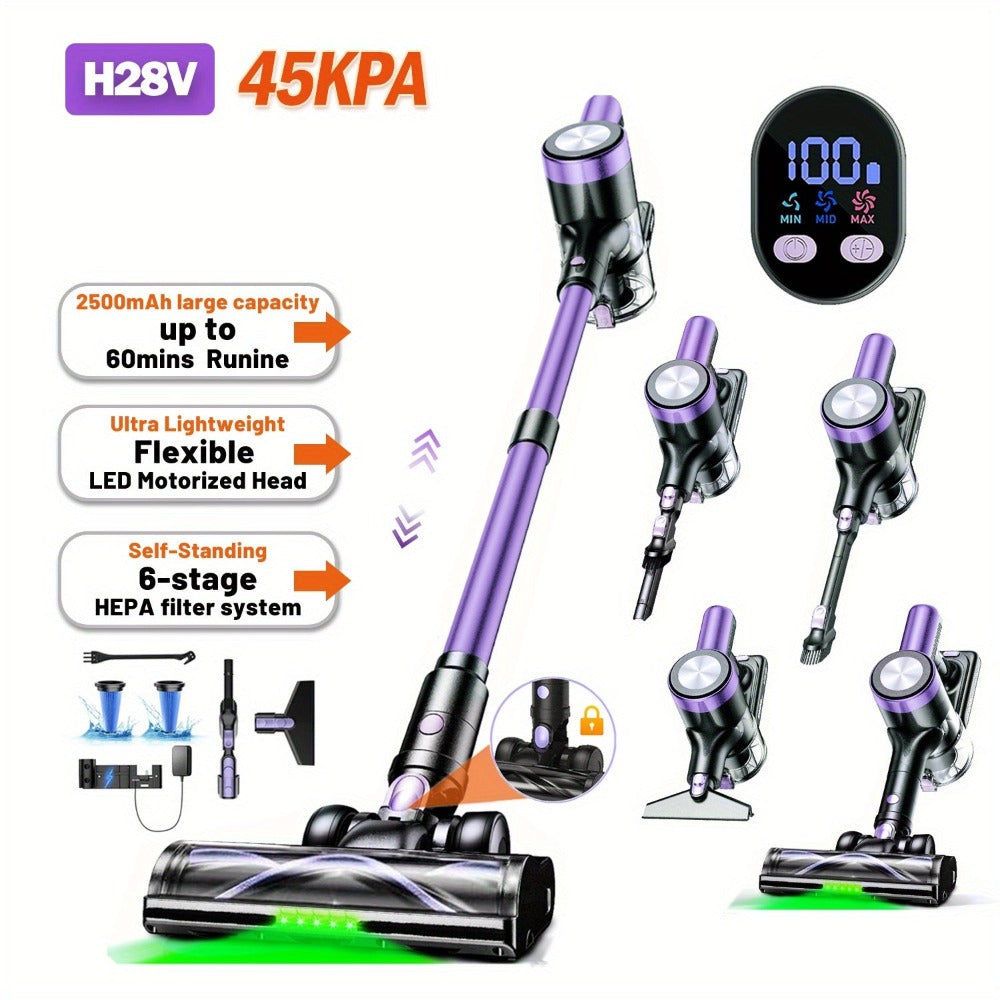 Aspiradora Inalámbrica de Alta Succión para el Hogar, Aspiradora Multiusos 10 en 1 con Cañón, Autonomía de 45 Minutos, 3 Modos de Succión con Luces LED Verdes Mejoradas y Cepillo Sin Enredos para Hogar, Pisos de Madera, Alfombras y Pelo de Mascotas