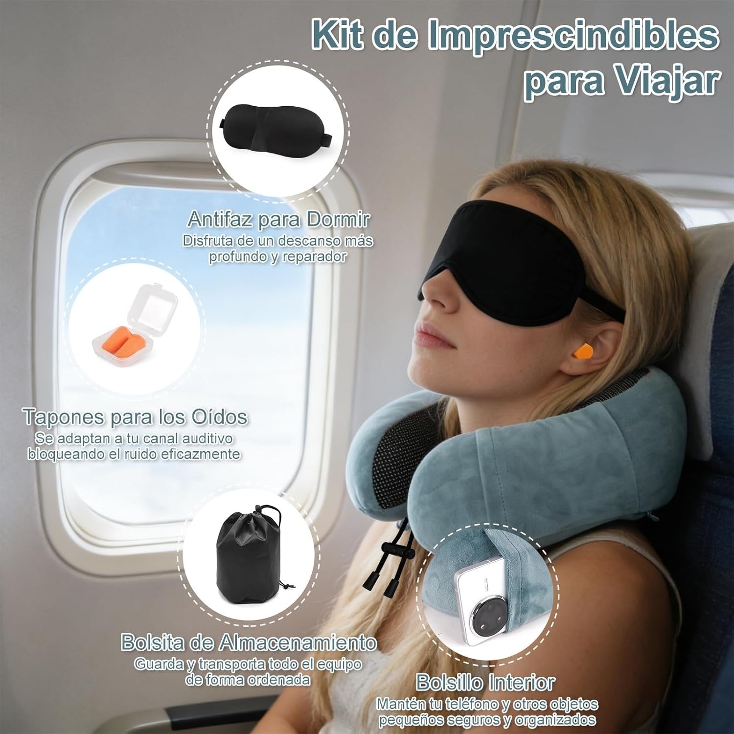 Una Almohada Cervical Ergonómica en Forma de U con Bolsa de Almacenamiento, Espuma de Memoria con Tecnología de Rebote Lento, Funda Lavable a Máquina, Ligera y Portátil para Avión, Oficina y Hogar, Apoya Cuello y Cabeza, Ideal para Siestas, Lectura y Ver