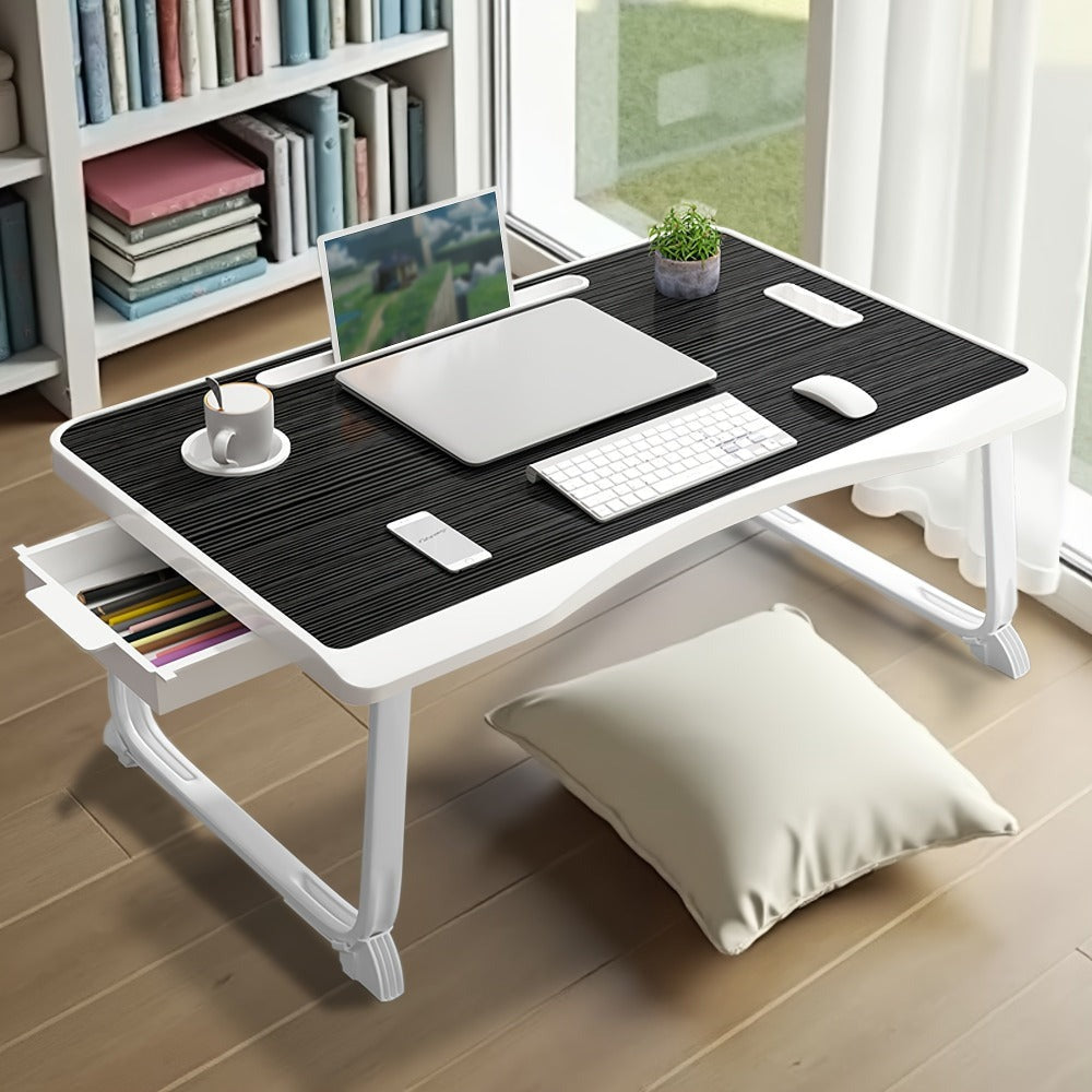 Mesa de escritorio para laptop, mesa portátil para laptop con asa, ranura para tarjetas/tazas, cajón lateral, soporte portátil para notebook para comer, leer, trabajar, acampar, cajón lateral para sofá (Negro, Rojo, Blanco, Azul)