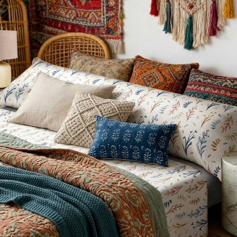 Juego de cama de tres piezas apto para todas las estaciones, que incluye una sábana, una sábana ajustable y fundas de almohada. Medidas: 90 cm, 105 cm, 135 cm, 150 cm y 180 cm.