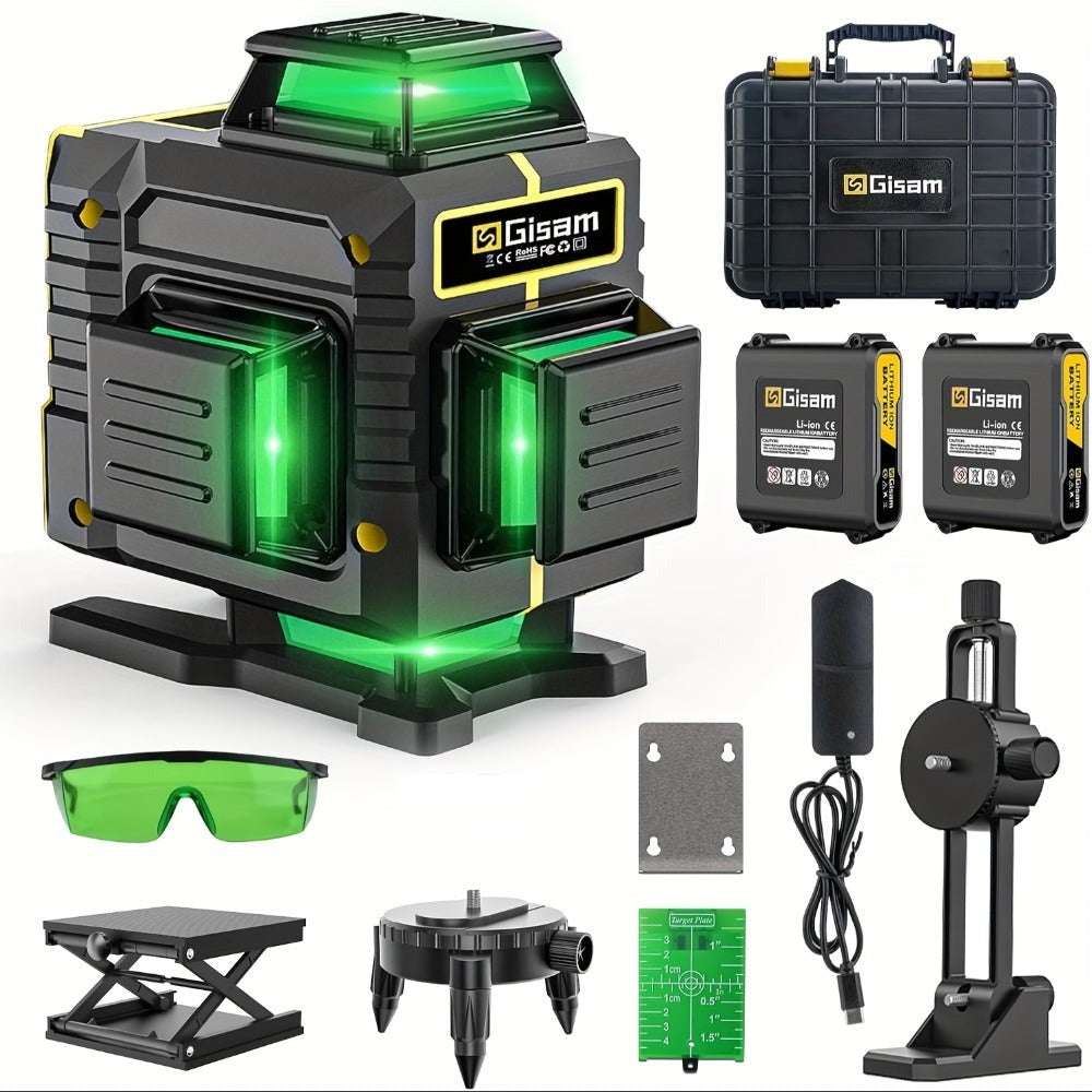 Nivel Láser 360 Autonivelante, Línea Verde 4D 16 Líneas Herramienta de Nivel Láser Cruzado con Plataforma, Soporte de Pared, Placa de Dianas, Caja de Transporte, Juego de 2 Baterías