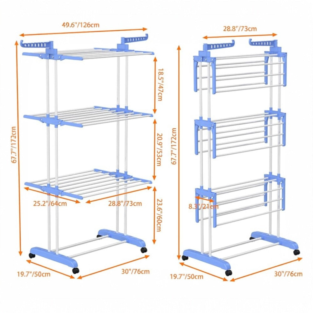 Tendedero de ropa, 4 Niveles Tendederos Plegables Vertical con Ruedas Amplio Espacio de Secado Tendederos, Acero Inoxidable Tendal para Exterior y Interiores