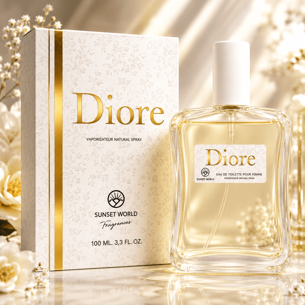 Everlyx - Diore by Sunset World Eau de Toilette 100ml. Fragancia femenina floral frutal con notas de magnolia, melón y melocotón, acompañadas por violeta y orquídea sobre un fondo suave de almizcle, vainilla y cedro.