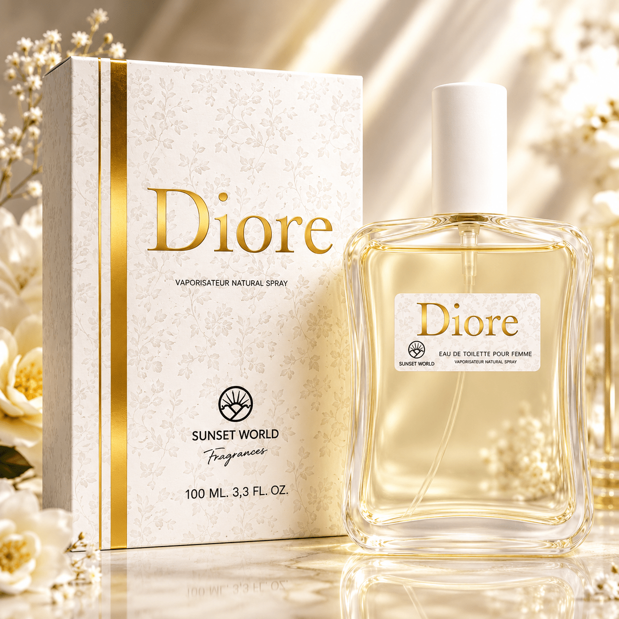 Everlyx - Diore by Sunset World Eau de Toilette 100ml. Fragancia femenina floral frutal con notas de magnolia, melón y melocotón, acompañadas por violeta y orquídea sobre un fondo suave de almizcle, vainilla y cedro.
