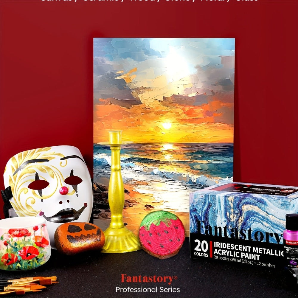 20 Piezas Set de Pintura Acrílica Metálica Perlada con 12 Pinceles, Kit de Pintura Brillante y Luminosa para Tarjetas de Fiestas, Decoración de Regalos, Proyectos de Arte para Adultos, Manualidades de Acción de Gracias, Creación de Tarjetas de Año Nuevo