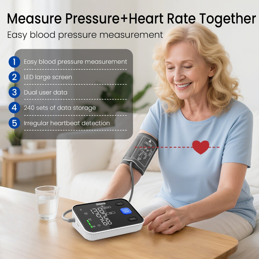 Monitor de Presión Arterial Digital de Brazo con Pantalla LED Grande de 4.0" - Medidor Preciso de Presión y Ritmo Cardíaco, Detección de Pulso Irregular, 2x120 Memorias para 2 Usuarios, Apta para Brazalete de 22-42cm (8.7-16.5"), Alimentación USB-C y Bate