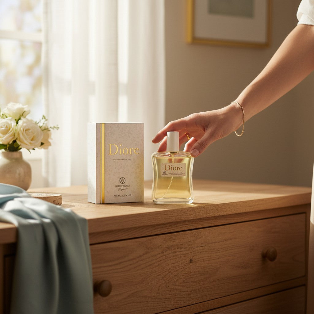 Everlyx - Diore by Sunset World Eau de Toilette 100ml. Fragancia femenina floral frutal con notas de magnolia, melón y melocotón, acompañadas por violeta y orquídea sobre un fondo suave de almizcle, vainilla y cedro.