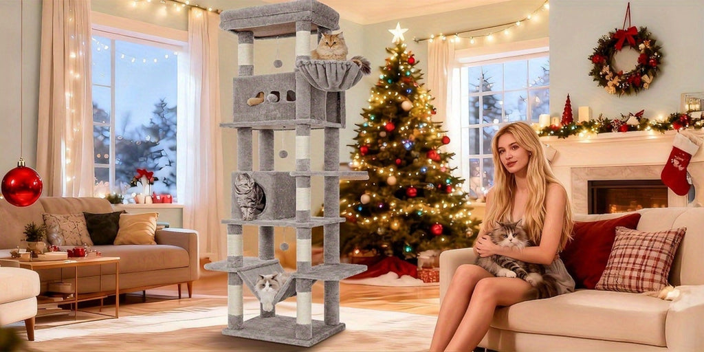 Rascador grande, árbol para gatos de 210 cm, con 8 postes rascadores, posadero, 2 cuevas, tapete lavable, hamaca, pelotas de felpa, rascador de varios pisos para gatos grandes, gris claro, gris oscuro
