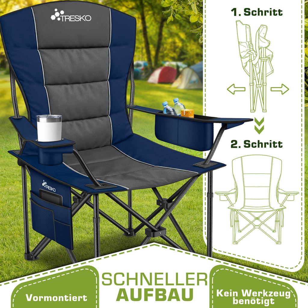 TRESKO® Silla de Camping Plegable hasta 200Kg | Silla Plegable con Bolsa Nevera, Portavasos y Bolsillo Lateral | Silla XXL Plegable Incluye Bolsa de Transporte | Silla de Pesca Acolchada para Exterior, Pesca, Festival y Jardín