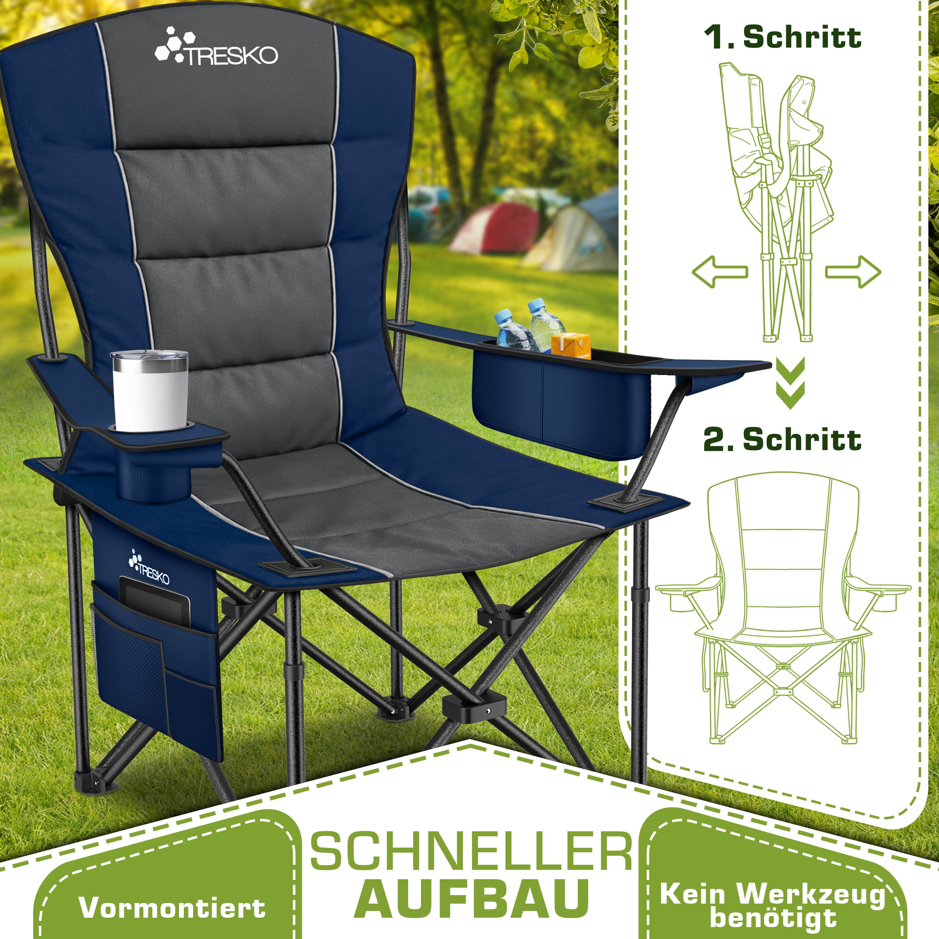 TRESKO® Silla de Camping Plegable hasta 200Kg | Silla Plegable con Bolsa Nevera, Portavasos y Bolsillo Lateral | Silla XXL Plegable Incluye Bolsa de Transporte | Silla de Pesca Acolchada para Exterior, Pesca, Festival y Jardín