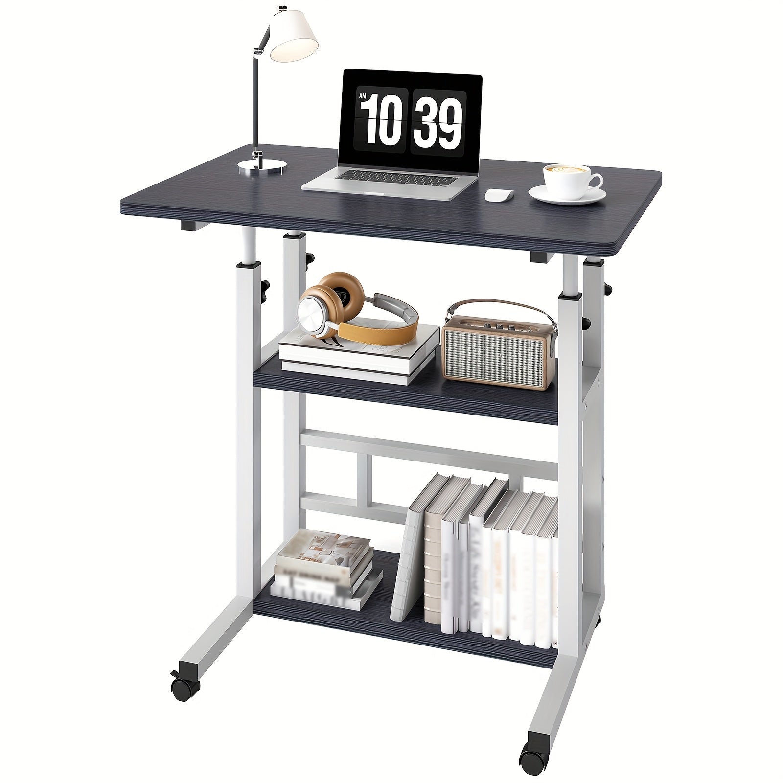 Escritorio Portátil de Madera Moderno con Altura Ajustable y Almacenamiento Multinivel - Estación de Trabajo para Hogar Ahorradora de Espacio con Ruedas, Soporte para Laptop y Función de Mesita de Noche Ideal para Trabajadores Remotos