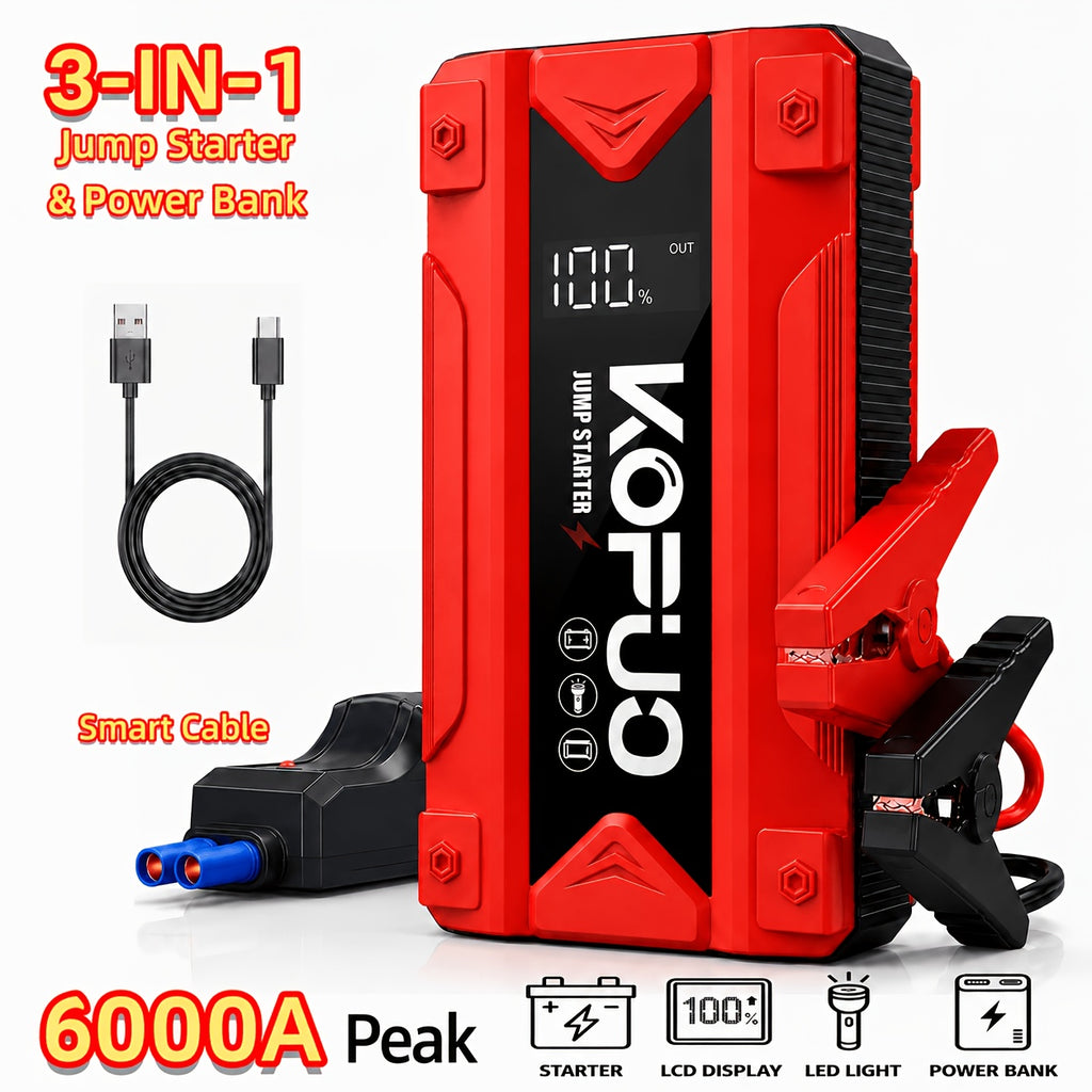 Arrancador portátil de batería de coche KOPUO 6000A - Herramienta profesional de mecánico automotriz (hasta 8.5L gasolina/7L diésel) Banco de baterías de emergencia de 12V con pinzas de seguridad inteligentes, pantalla LCD, diseño de luz LED ultrabrillant