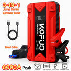 Arrancador portátil de batería de coche KOPUO 6000A - Herramienta profesional de mecánico automotriz (hasta 8.5L gasolina/7L diésel) Banco de baterías de emergencia de 12V con pinzas de seguridad inteligentes, pantalla LCD, diseño de luz LED ultrabrillant
