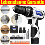 Atornillador Inalámbrico de Poder con 1x O 2x Baterías y 23 Puntas, 18+1 Ajuste de Torque, Taladro Combi de 2 Velocidades, Kit de Taladro con Garfio de 3/8" con Caja de Almacenamiento para Bricolaje en el Hogar, Luz LED para Cemento, Hormigón, Techo, Ladr