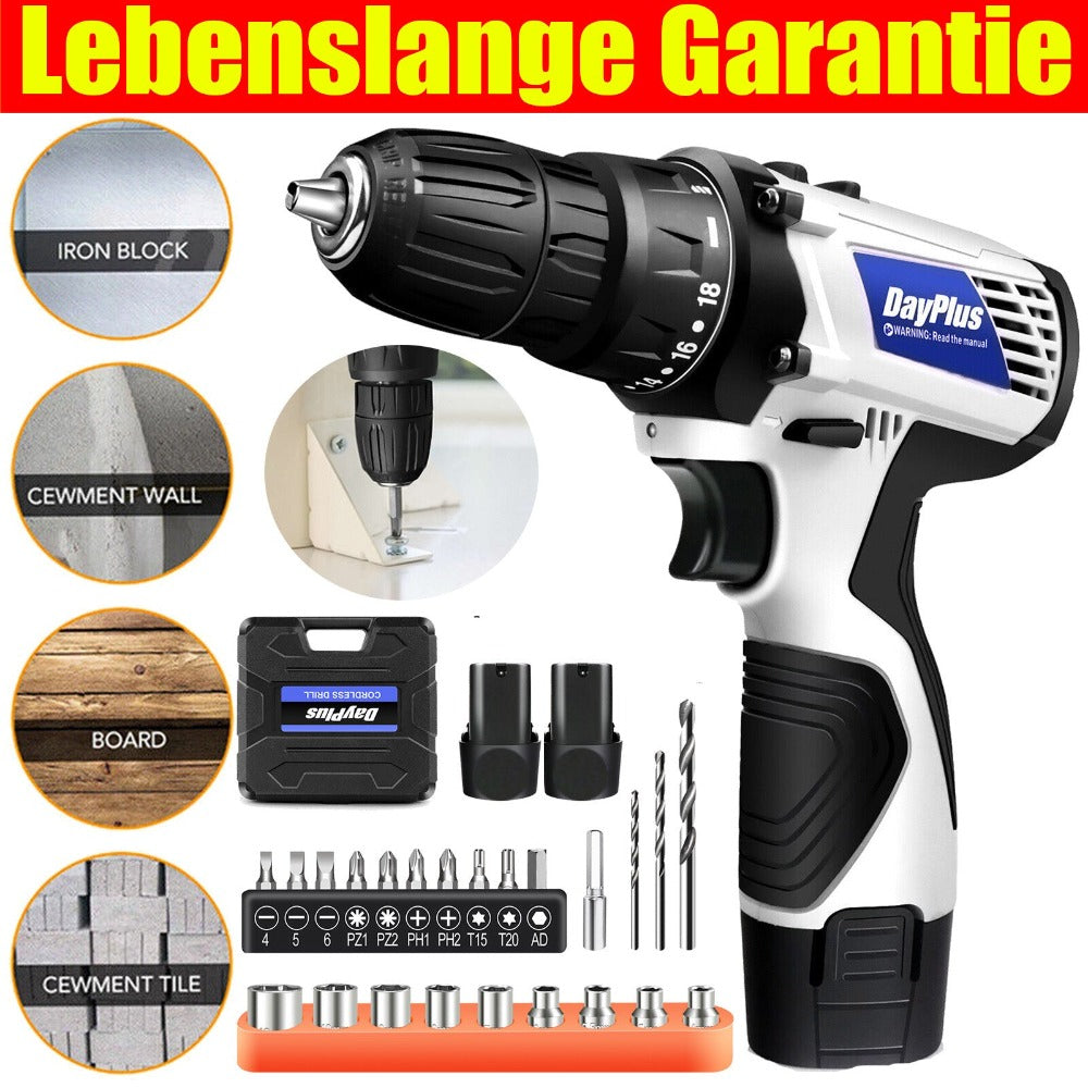 Atornillador Inalámbrico de Poder con 1x O 2x Baterías y 23 Puntas, 18+1 Ajuste de Torque, Taladro Combi de 2 Velocidades, Kit de Taladro con Garfio de 3/8" con Caja de Almacenamiento para Bricolaje en el Hogar, Luz LED para Cemento, Hormigón, Techo, Ladr