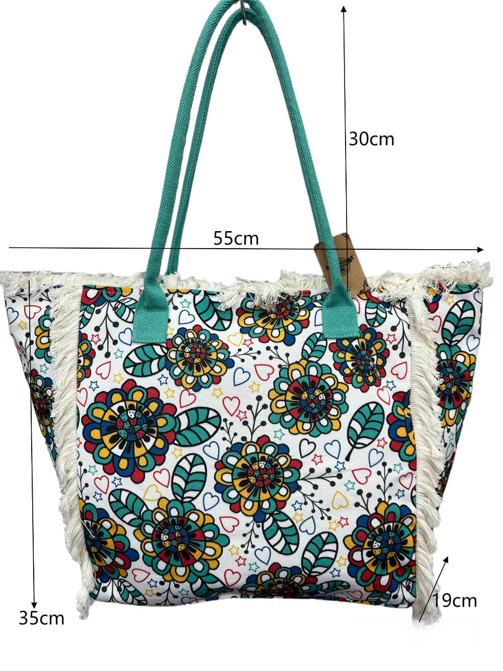 MEJORADA Bolso de Playa Grande con Estampado Colorido y Flecos, Estilo Tote con Forro Interior, Tamaño 55x35x20 cm - Ideal para Playa, Piscina y Viajes