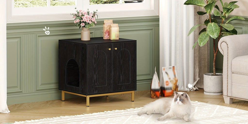 Gabinete para Gatos, Caja de Arena para Gatos, Casa para Gato con Puerta, Mesa Auxiliar de Madera para la Casa del Mascota, 50 X 60 X 61cm, Gabinete Estable para Gatos, Blanco y Dorado