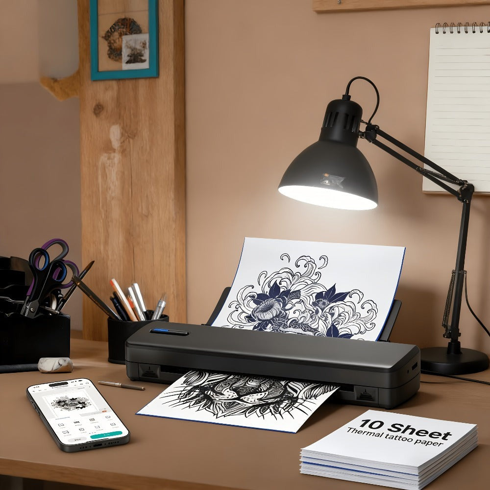 Impresora copiadora portátil de tatuajes D810 - Adecuada para práctica y diseño personal, aplicación con galería de plantillas, incluye 10 hojas de transferencia.