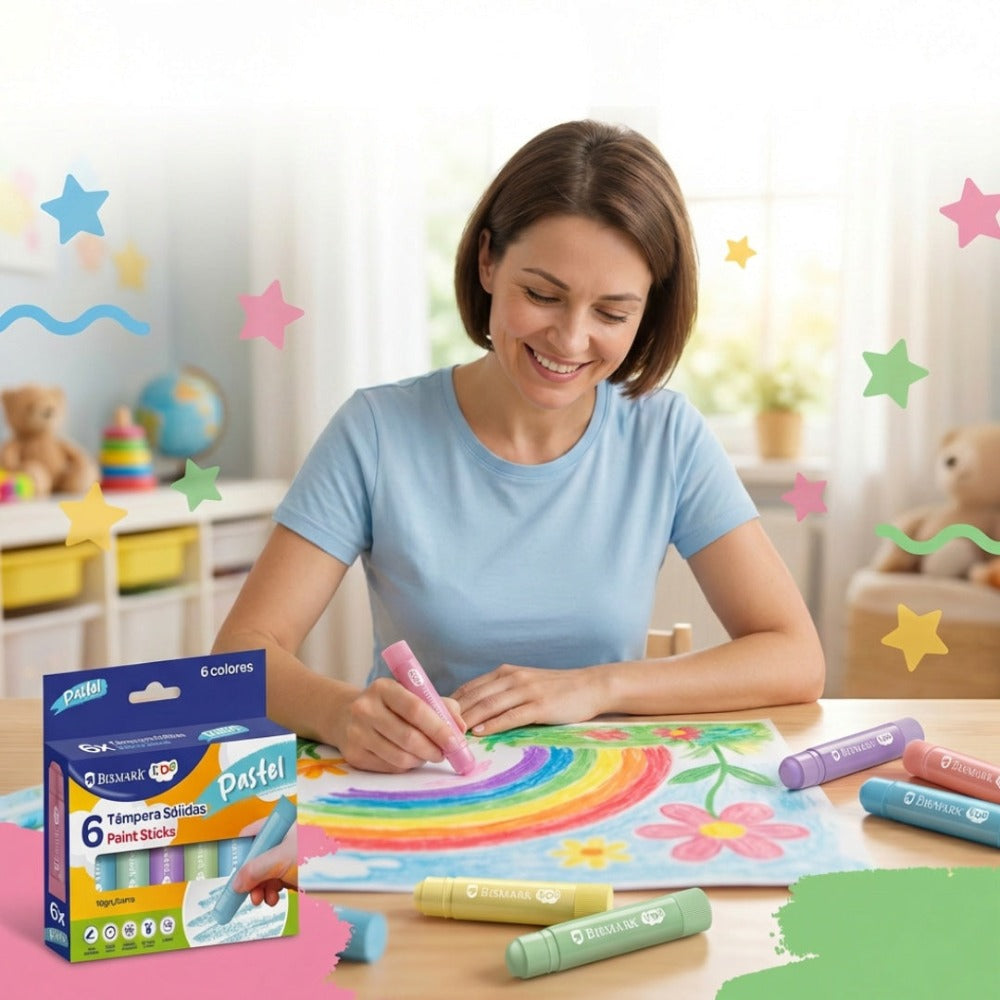 6 pcs Barras de color sólido de 10grs/barra, Gran Cobertura, Secado Rápido, Colores Brillantes y Lavables, ideales para actividades escolares y creativas.