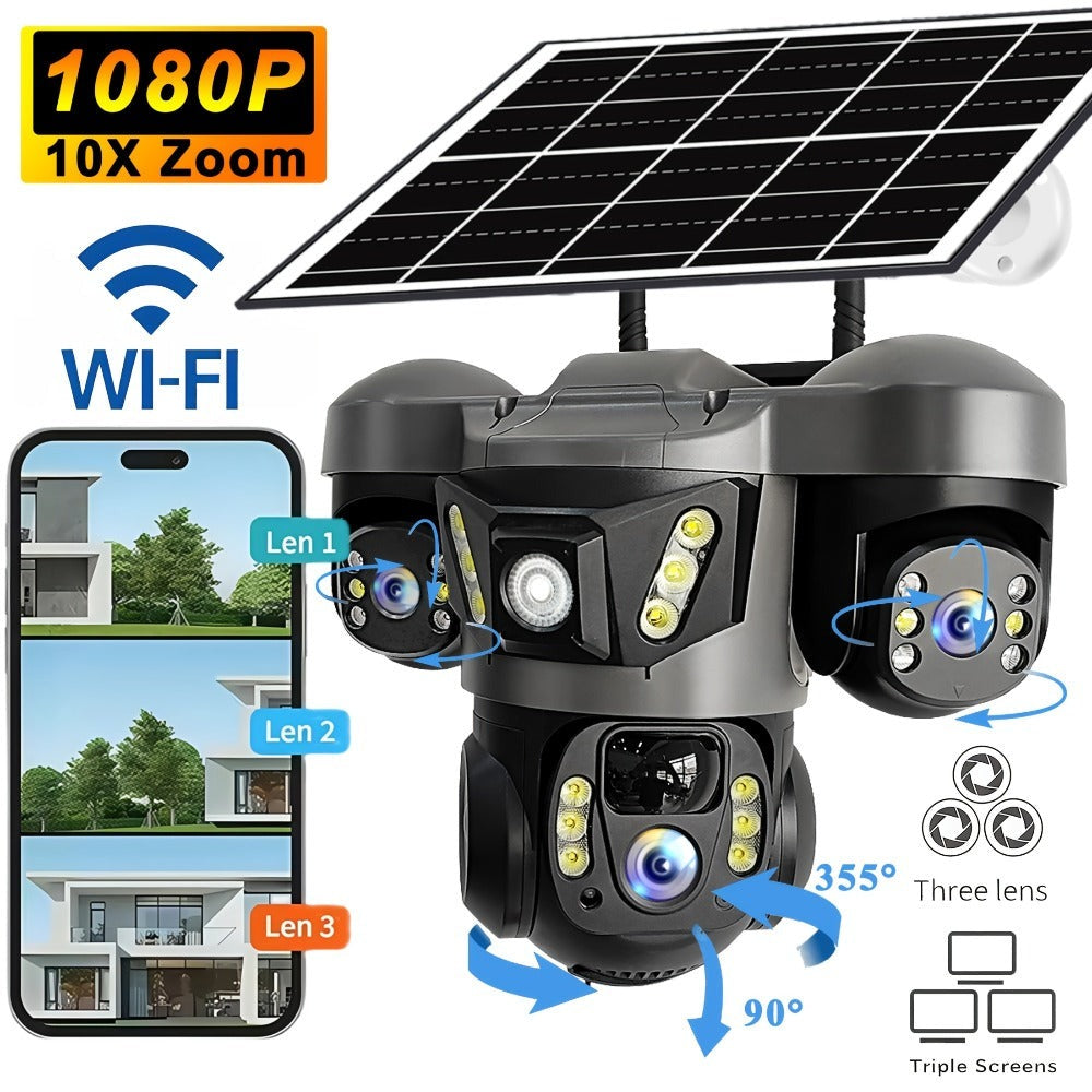 Cámara solar con WiFi V380 PRO de 3 lentes, 1080P, resistente al agua, HD, para exteriores, CCTV, visión nocturna, audio bidireccional, cámara de red con seguimiento de movimiento, cámara PTZ, seguimiento automático, alarma y visión nocturna en color, rot
