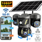 Cámara solar con WiFi V380 PRO de 3 lentes, 1080P, resistente al agua, HD, para exteriores, CCTV, visión nocturna, audio bidireccional, cámara de red con seguimiento de movimiento, cámara PTZ, seguimiento automático, alarma y visión nocturna en color, rot