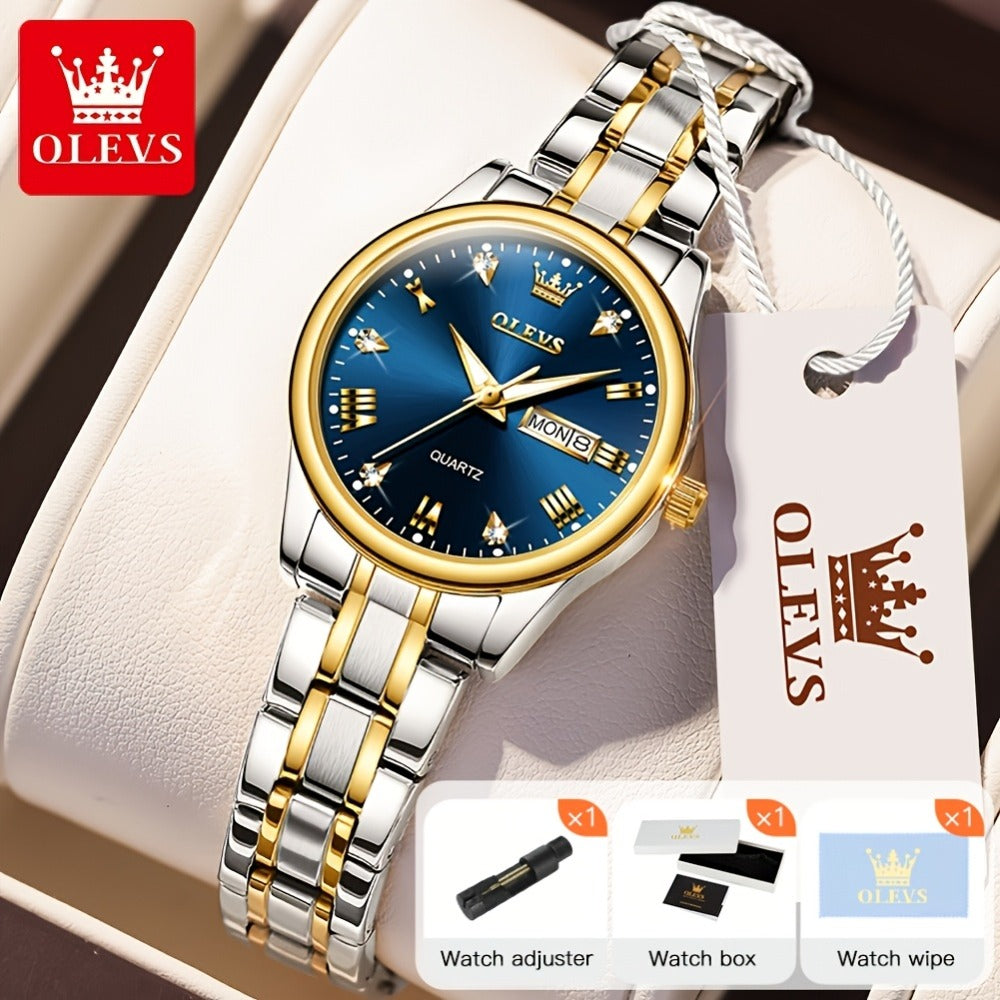 Relojes de Mujer OLEVS: Elegantes y de Moda para Negocios, Diseño Femenino para Muñecas Pequeñas, Cara Pequeña, Tono Dorado y Plateado, Correa de Acero Inoxidable, Cuarzo Analógico, Fecha y Día, Luminiscente, Esferas en /Blanco/Dorado/Azul