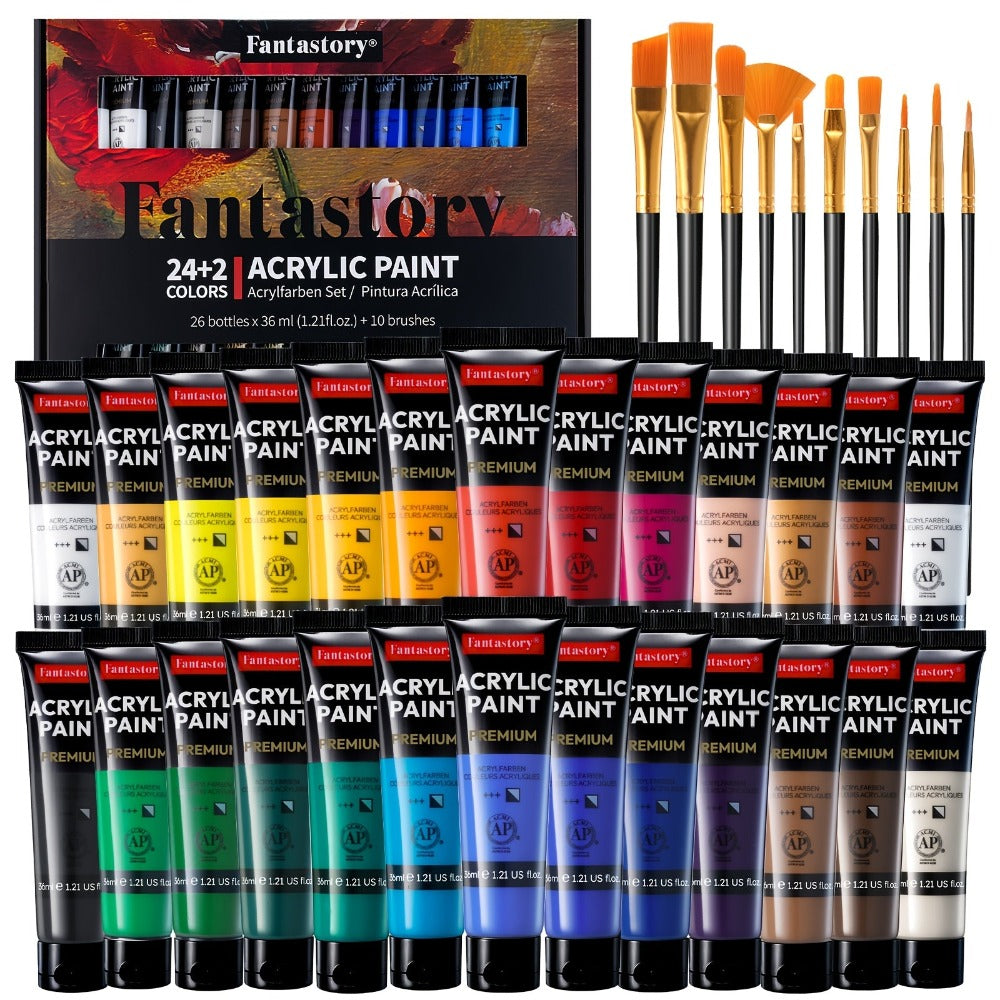Colección de 26 pinturas acrílicas de alta pigmentación Fantastory - 36 ml con 9 pinceles, de secado rápido y materiales de arte profesionales para bocetos al aire libre, lienzo, madera y piedra