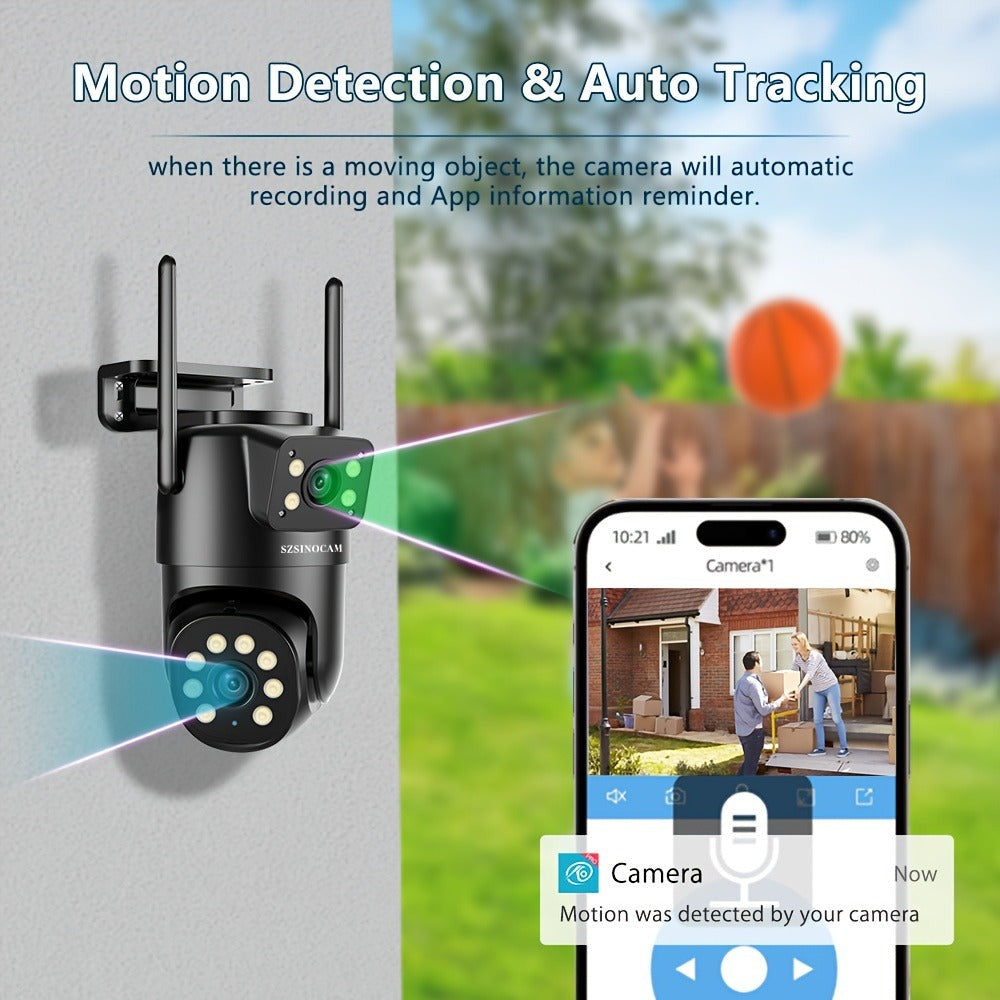 Cámara IP inalámbrica PTZ para exterior SZSINOCAM IP66 con WiFi 2.4G, lente dual y pantalla 1080P, audio bidireccional, seguimiento automático para ancianos, jóvenes y mascotas - Monitor de seguridad