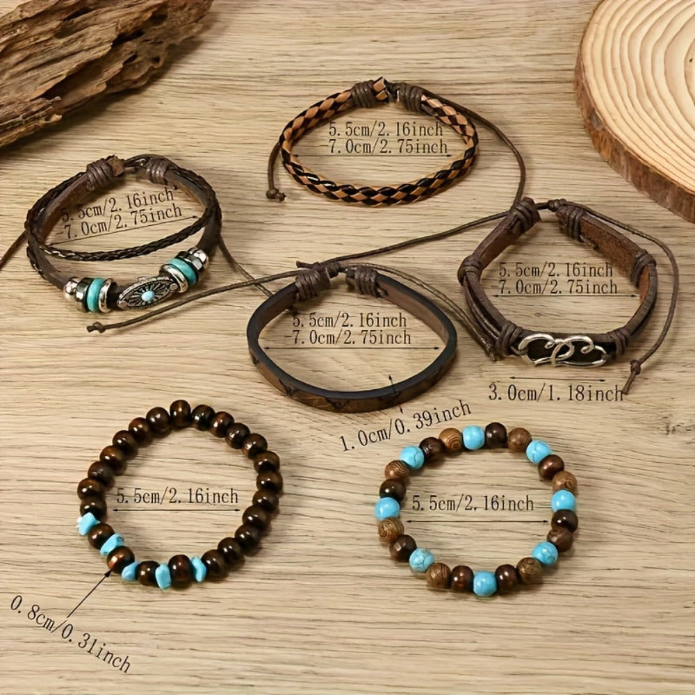 24 Piezas de Pulseras Retro con Cuentas Turquesa y Madera para Hombres y Mujeres - Cuero Sintético Marrón con Colgantes de Estrella y Pluma, Regalo Ideal para Amigos, Eventos Diarios o Campus