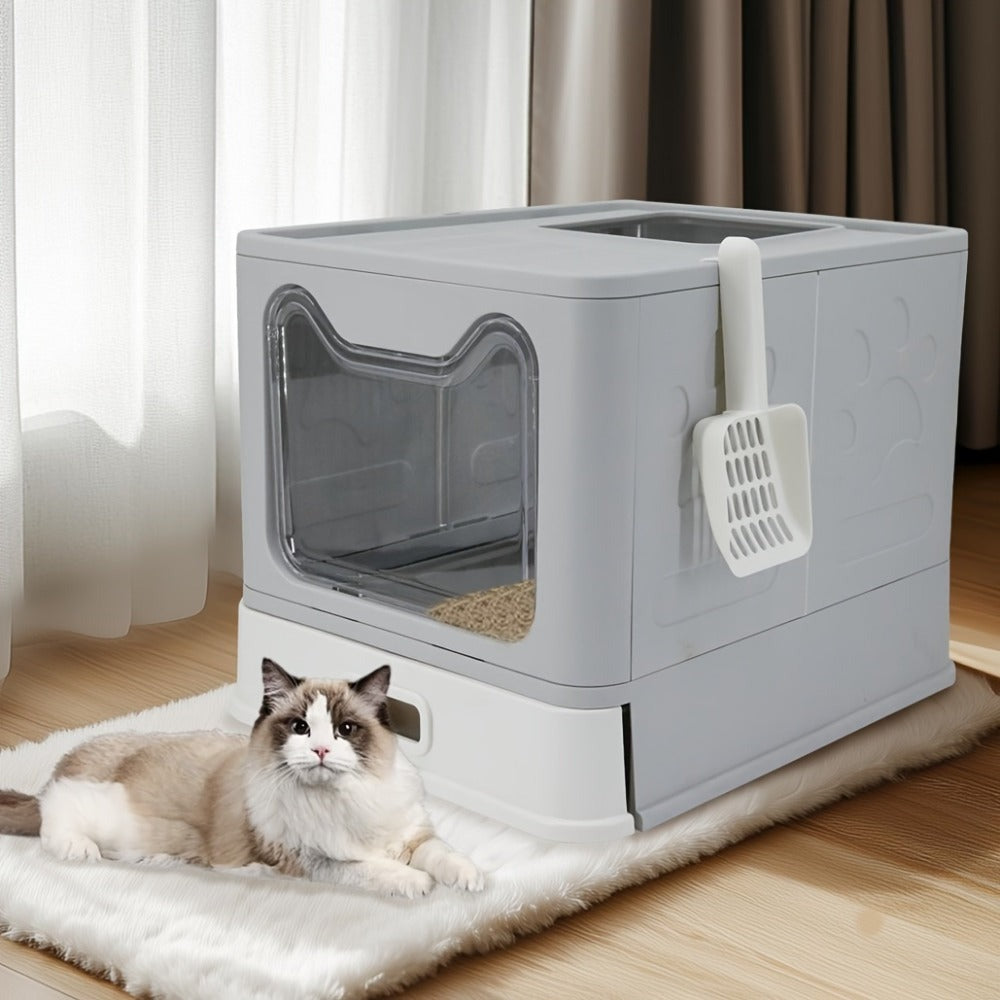 Arenero para gatos de acero inoxidable con entrada frontal y salida superior, diseñado para facilitar la limpieza, ideal para gatos y otras mascotas