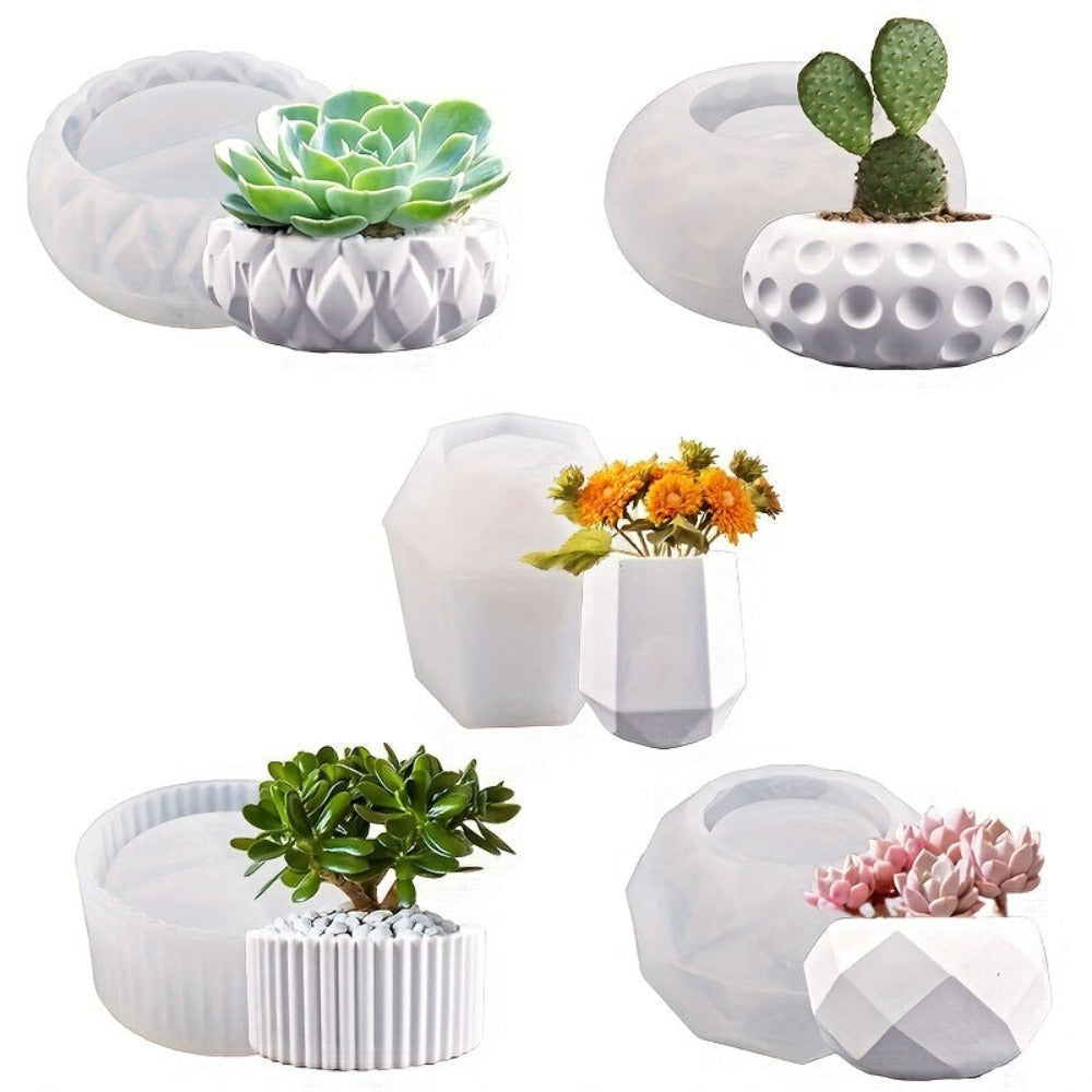 Molde de silicona multi-cámara de 5 piezas para macetas de flores, jarrones y macetas de plantas suculentas - Moldes reutilizables de forma irregular para cemento/epoxi/resina de yeso con diseño de cerámica y portalápices, macetas de arcilla, fácil libera