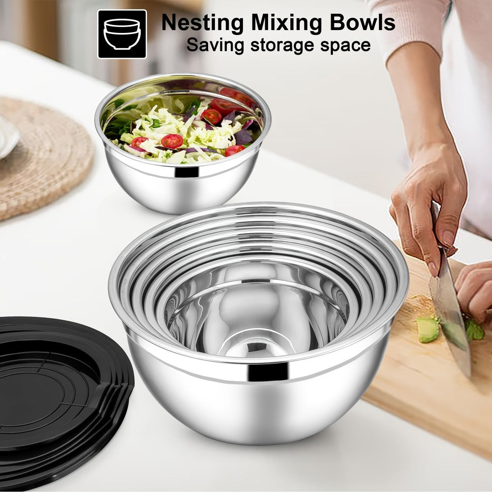 Juego de 7 piezas de ensaladeras prémium de acero inoxidable con tapas, juego de ensaladeras apilables, cuencos duraderos y gruesos, aptos para ensaladas, aptos para lavavajillas y microondas, ideal para Navidad, Hanukkah, Pascua, Acción de Gracias, almac