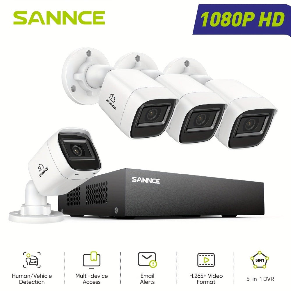 Sistema de Cámaras de Seguridad SANNCE 8CH 1080P, Grabadora de Video CCTV 5 en 1 con 4 Cámaras de Seguridad Cableadas, Visión Nocturna IR de 20m, Detección Inteligente de Personas/Vehículos, H.265+