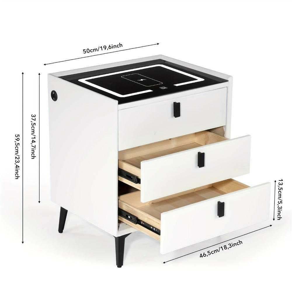 Mesita de noche inteligente gris, negra y blanca, con luz LED, 3 cajones, cómoda para sala de estar/dormitorio