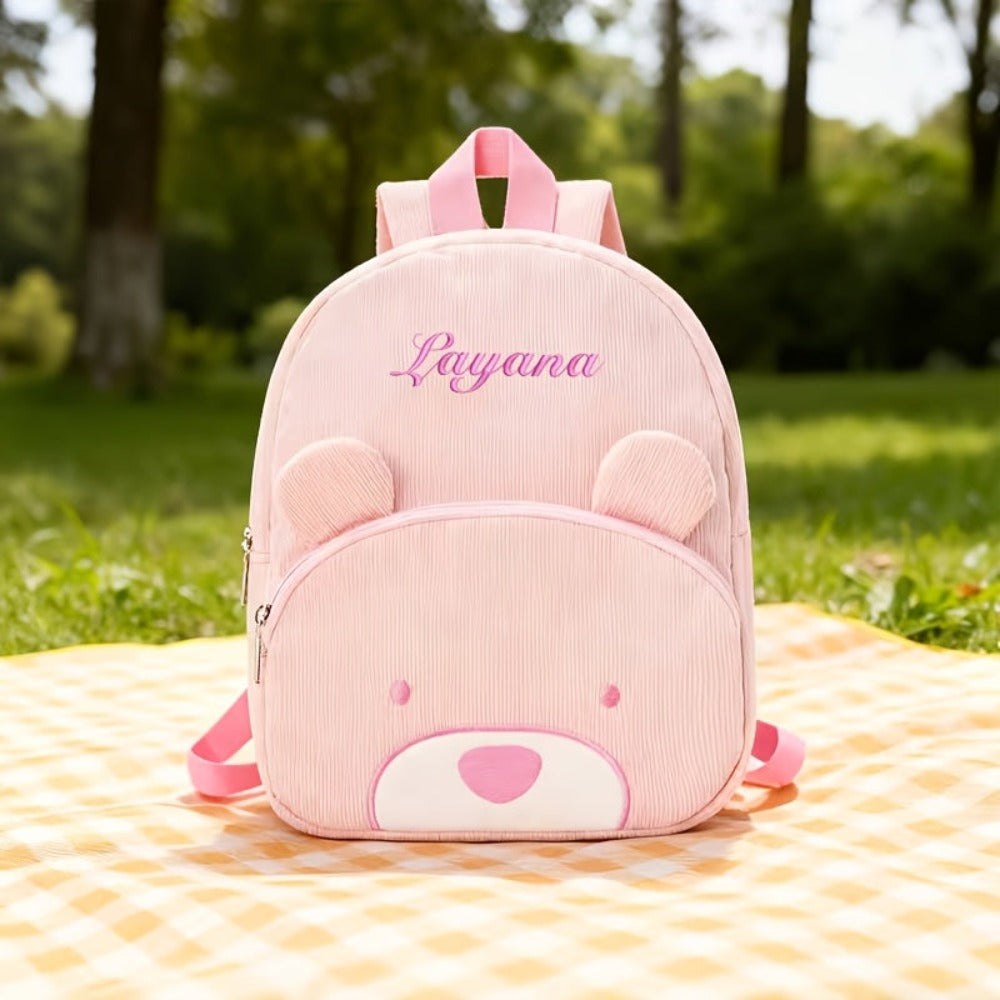 Mochila de Pana con Bordado de Oso Personalizado - Bolso de Hombro Ajustable para Mujeres, Ligero y Transpirable, con Opción de Nombre Personalizado, Forro de Nylon Duradero, Ideal para Regalos de Vuelta al Colegio y Viajes
