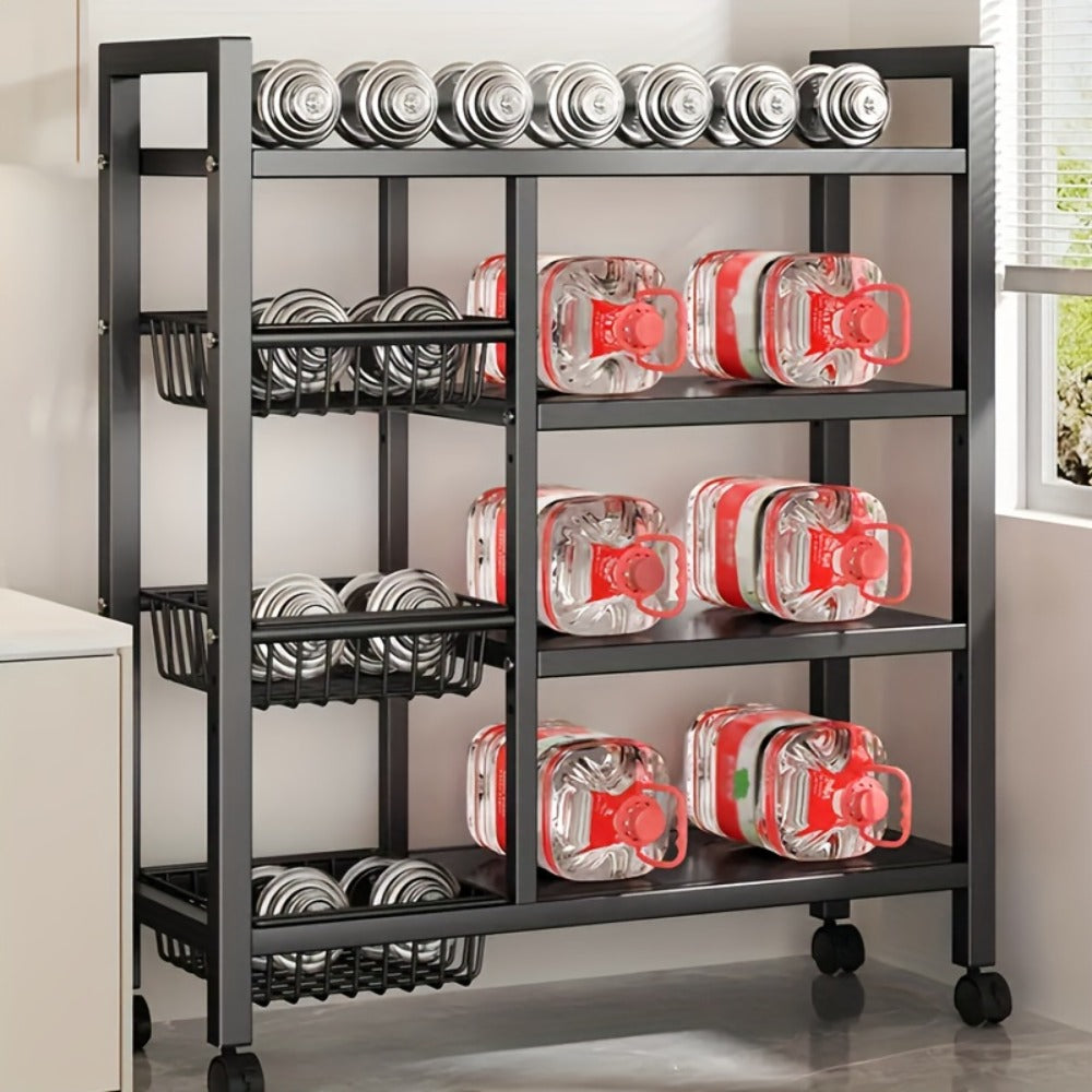 1pc Estante Rodante Ajustable de 4 Niveles con 3 Cestas de Alambre y Estructura Independiente - Unidad de Almacenamiento Móvil Ideal para Garaje, Despensa, Baño, Organizador de Armario, Ahorro de Espacio, Regalo para Hogar Nuevo, Estructura de Metal Pinta