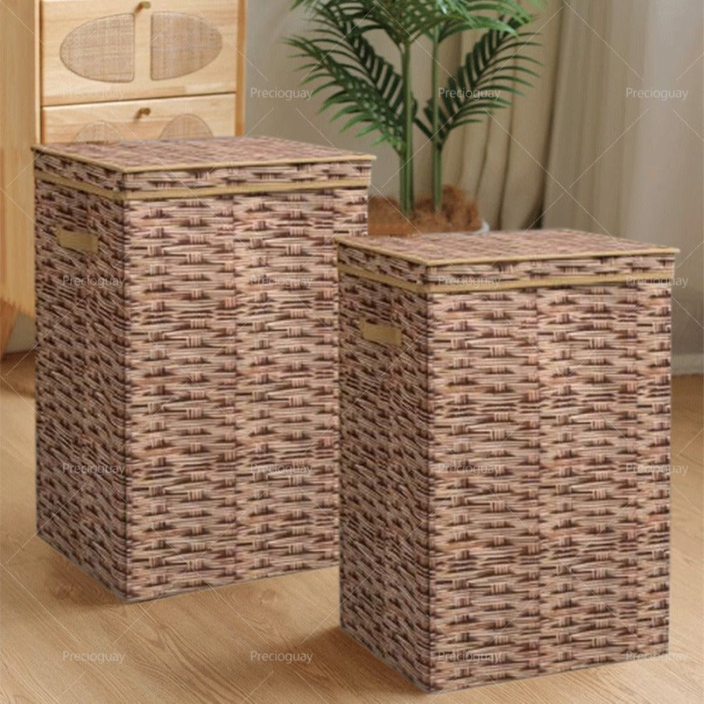 Cesta de lavandería grande de plástico con estampado de ratán y espacio de almacenamiento, cesta de lavandería para el baño, cesta para toallas de hotel de cinco estrellas, cesta de lavandería, dimensiones 40 x 35 x 60 cm