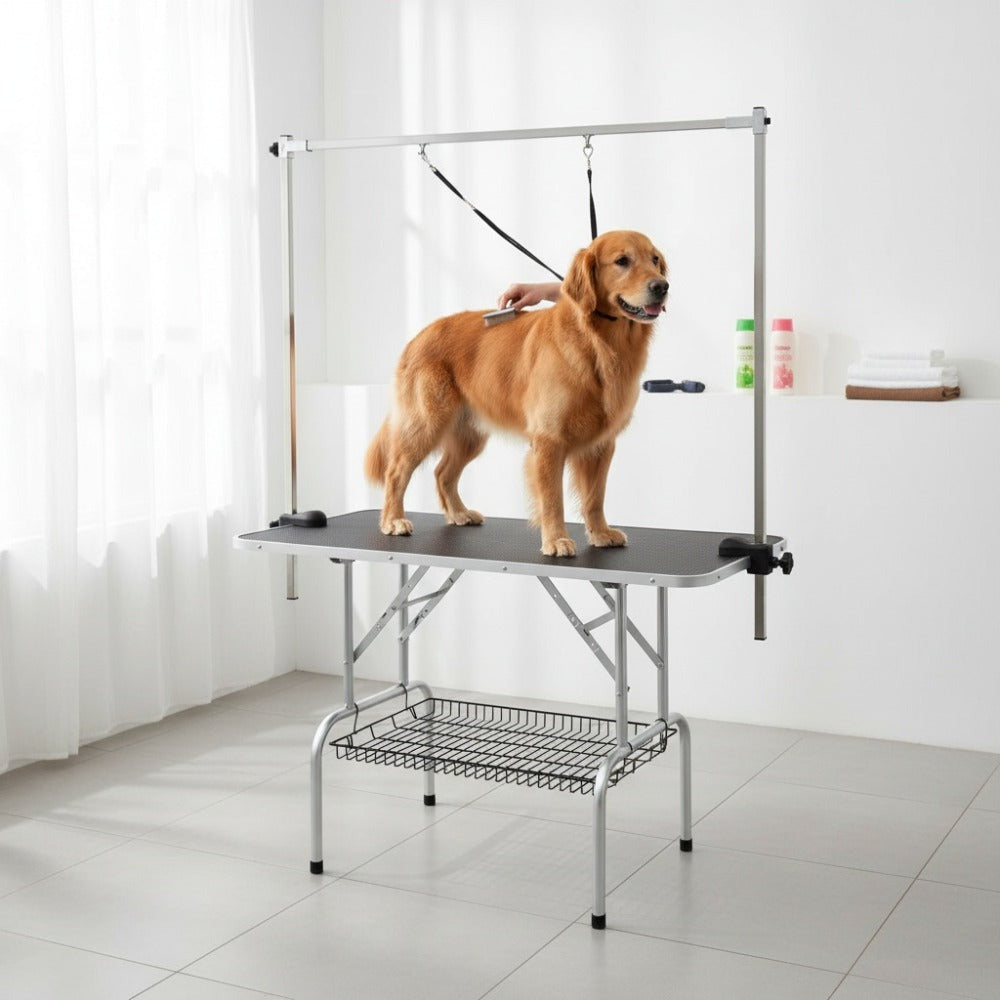Mesa de peluquería ajustable en altura para perros y gatos, con hebilla y diseño plegable