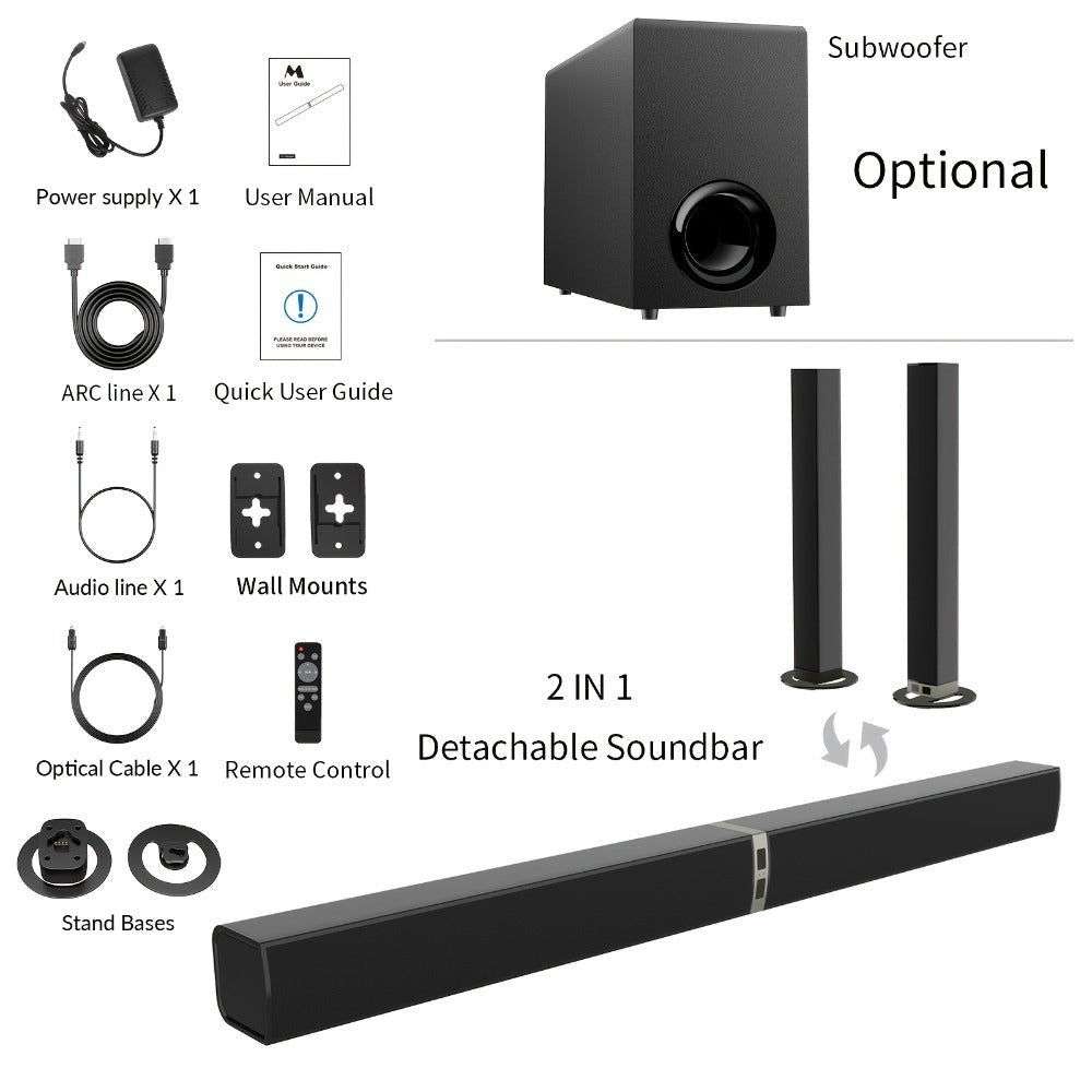 Barra de sonido con subwoofer, barra de sonido para Smart TV, barras de sonido inalámbricas 5.0, graves profundos, sistema de audio para TV con ARC/Opt/AUX para sonido de cine en casa mejorado, altavoz con control remoto por infrarrojos