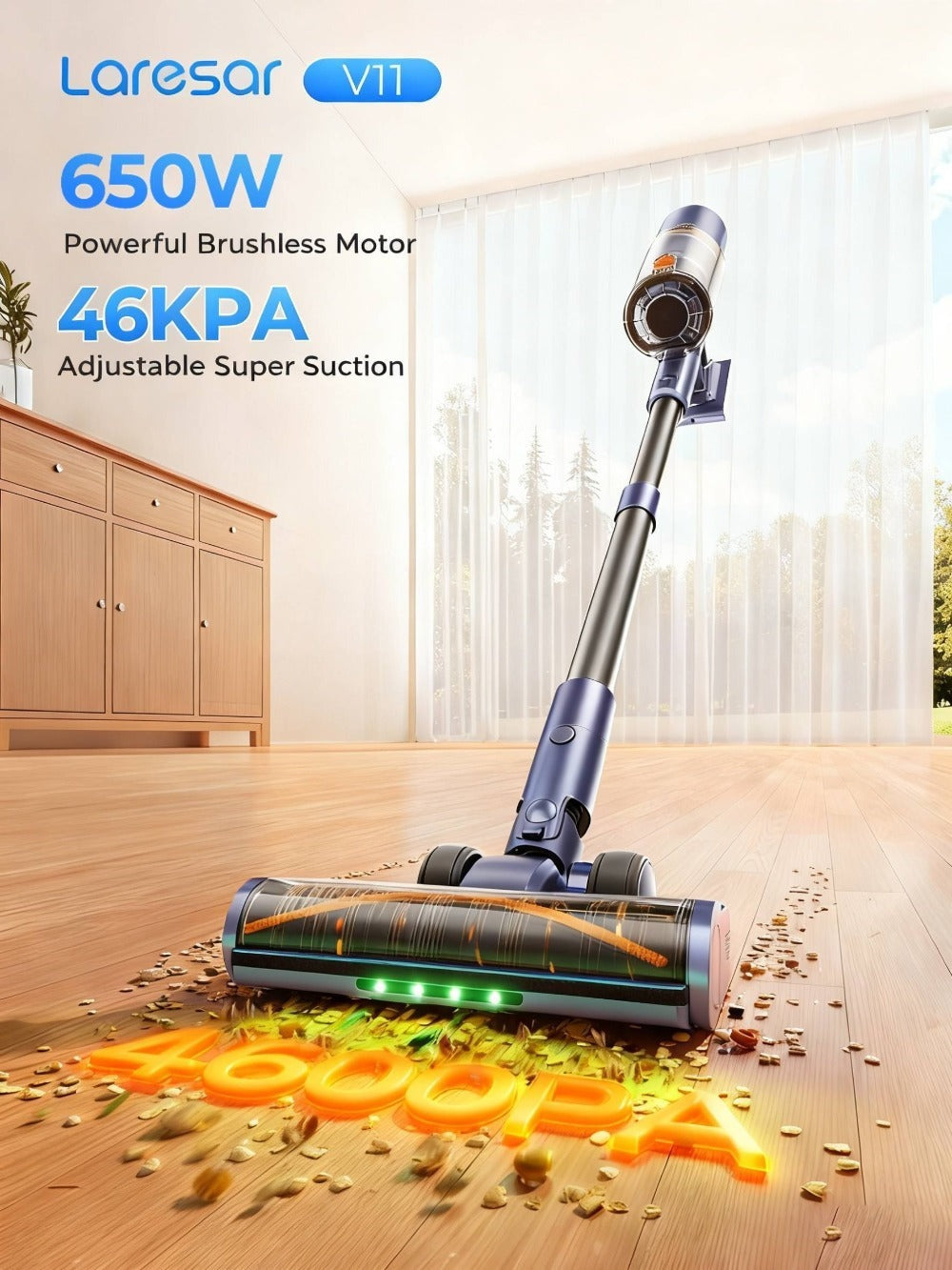 Laresar V11 Aspiradora Inalámbrica 650W/46Kpa 90Mins de Autonomía Aspiradoras de Mano con Base de Carga, Aspiradora Autónoma con Pantalla Táctil, Aspiradora 6 en 1 para Alfombras, Pisos Duros y Pelo de Mascotas