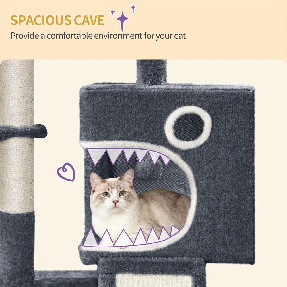Torre para Gatos Pequeña, 98Cm de Alto, Espaciosa y Robusta, con un Perch Grande Suave, Juguetes de Felpa, Escondites, Postes para Rascar, Alfombrilla para Rascar Gatos, Disponible en Gris Claro/Gris Oscuro/Beige