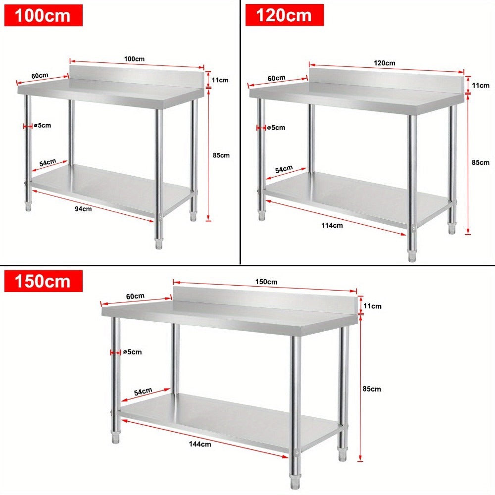 Encimeras de acero inoxidable para cocina con protector contra salpicaduras, incluye patas ajustables y estante inferior extra grande, carga máxima de 250 kg
