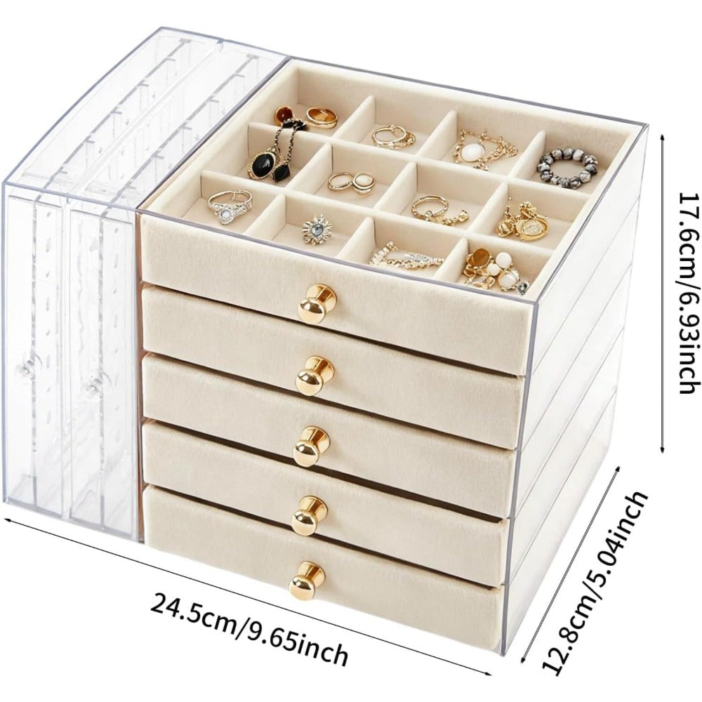 Caja de almacenamiento de joyas de gran capacidad con cajones y puerta lateral transparente, organizador multicapa para aretes, collares, anillos y pulseras, elegante solución de almacenamiento para tocador, joyeros