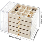 Caja de almacenamiento de joyas de gran capacidad con cajones y puerta lateral transparente, organizador multicapa para aretes, collares, anillos y pulseras, elegante solución de almacenamiento para tocador, joyeros