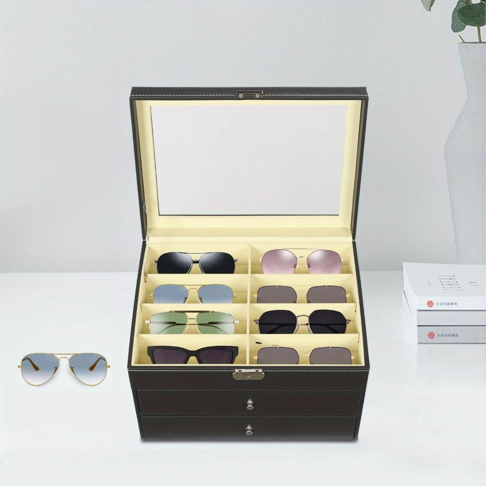 Organizador de gafas de sol, organizador de almacenamiento de gafas de sol, estuche con tapa de cristal para gafas, organizador con cerradura, caja expositora de gafas para mujer y hombre (negro)